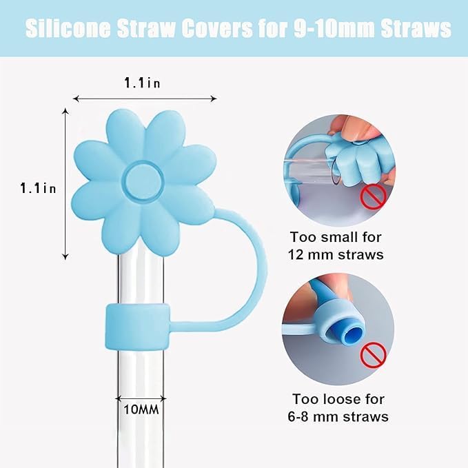 4PCS Silicone Straw Covers Toppers for Stanley Cups 30&40 Oz Tumbler Accessories Flower Straw Caps Blue Dust-Proof Reusable Straws Tips Protectors for Stanley Cup 10mm 0.4in Straws