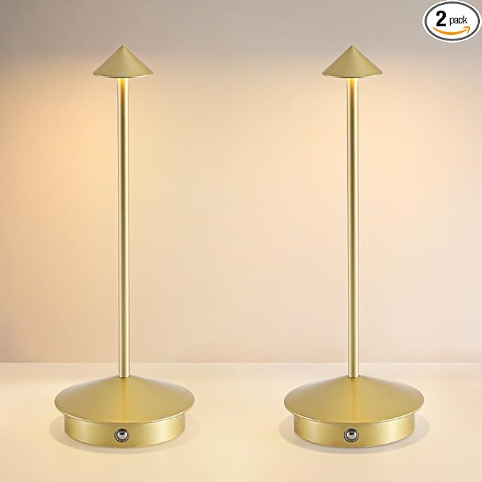 EJQ 2 Pack LED Rechargeable Cordless Table Lamps,Portable Outdoor 5000mAh Battery Operated Table Light Touch Control 3 Color Dimmable for Patio/Cofee/Restaurant/Camping/Dining/Bedroom-Gold
