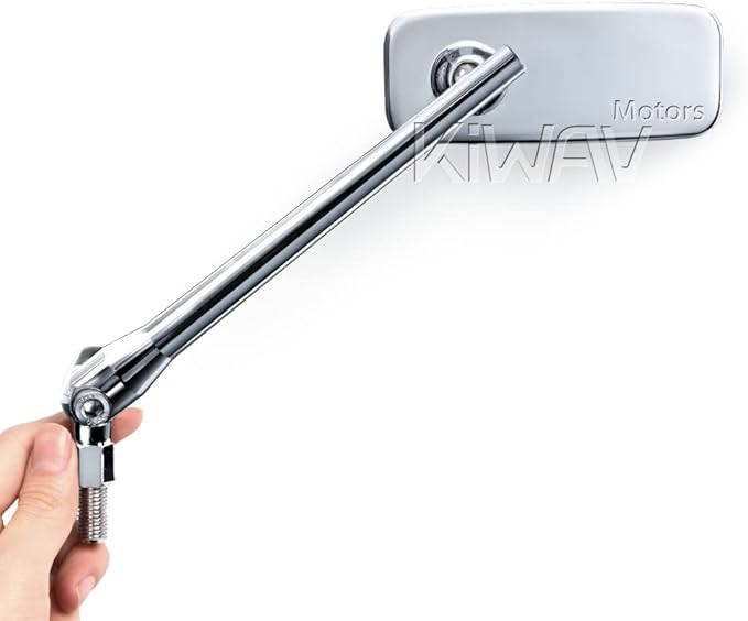 KiWAV Motorcycle Mirrors Rear View Side Rectangular ClassicPlus Chrome Convex Aspherical Anti-Glare Blue Tinted Glass Longer Stem 8mm 1.25 Pitch Adapters for E-bike Scooter ATV Moped Pack of Pair