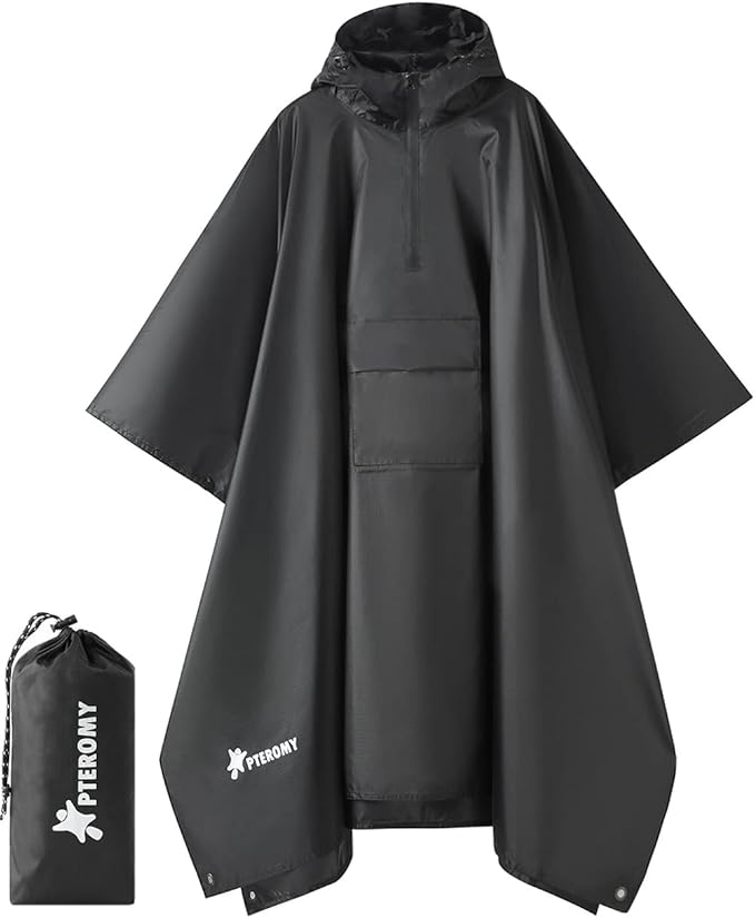 PTEROMY Hooded Rain Poncho for Adult with Pocket, Waterproof Lightweight Unisex Raincoat for Hiking Camping Emergency