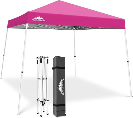 EAGLE PEAK 10x10 Slant Leg Pop-up Canopy Tent Easy One Person Setup Instant Outdoor Beach Canopy Folding Portable Sports Shelter 10x10 Base 8x8 Top (Pink)