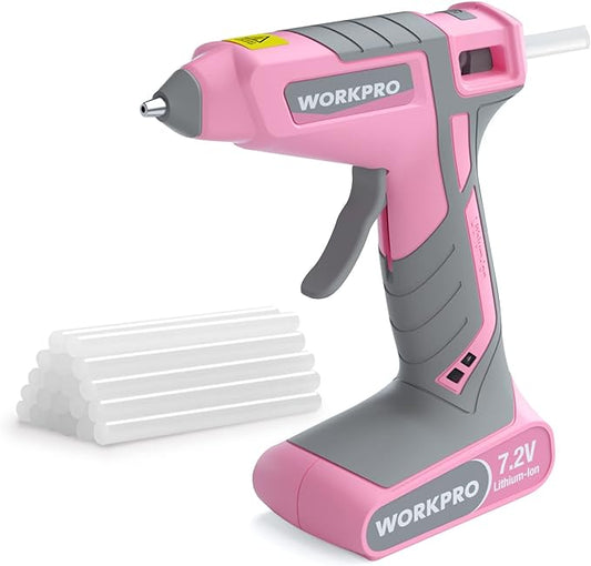 WORKPRO Pink Cordless Hot Melt Glue Gun, 7.2V Rechargeable Fast Preheating Glue Gun Kit with 20 Pc Premium Mini Glue Stick, Automatic-Power-Off Hot Glue Gun for Art, Craft, Decoration - Pink Ribbon