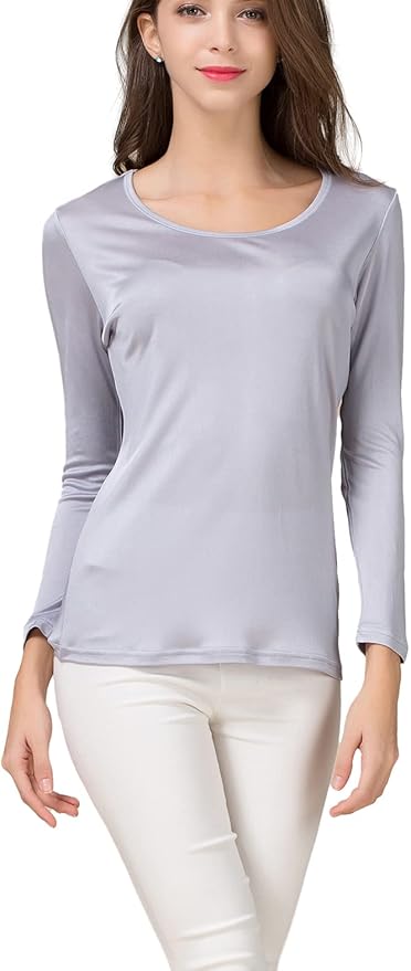 METWAY Women's Mulberry Silk T-Shirt Long Sleeve Pure Silk tee Shirt/Crew Neck Silk Blouse Undershirt