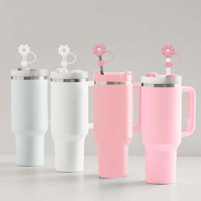 Silicone Straw Covers Toppers for Stanley Cups 30&40 Oz Tumbler Accessories Flower Straw Caps Black Blue Dust-Proof Reusable Straws Tips for Stanley Cup 10mm 0.4in Straws(4PCS)