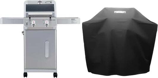 Monument Grills 2-Burner Stainless Steel Liquid Propane Gas Grill, Two Foldable Shelves Patio Garden Barbecue Grill with Clearview® Lid, Knob Control, Mesa200S with BBQ Cover