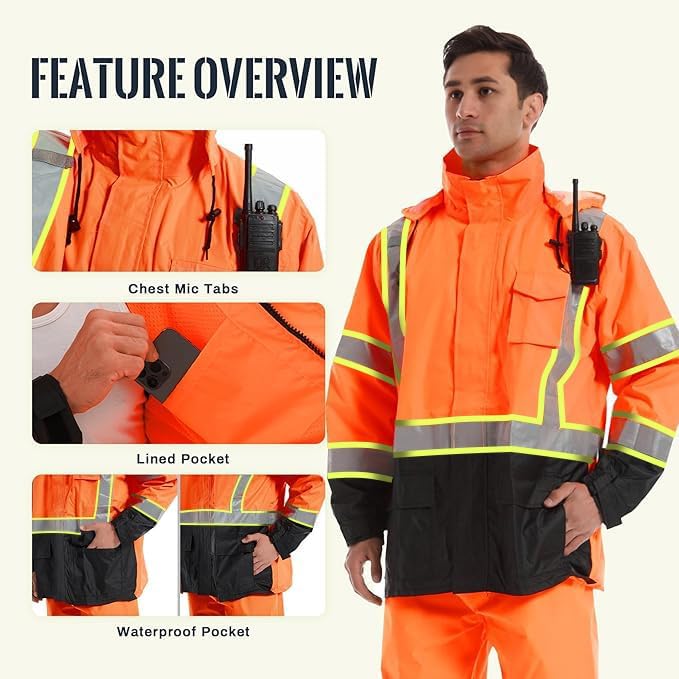 SKSAFETY Hi Vis Reflective Rain suits for Men Waterproof - High Vis Safety Rain Jacket, High Visibility Raincoat for Men