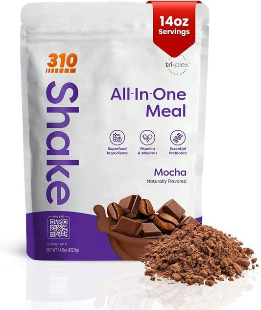 310 Nutrition All-In-One Meal Replacement Shake Powder - Plant-Based Protein Smoothie Blend w/High Fiber, Probiotics & Adaptogens - Low Carb, Vegan, Keto & Paleo Friendly - Mocha - 14 Srv