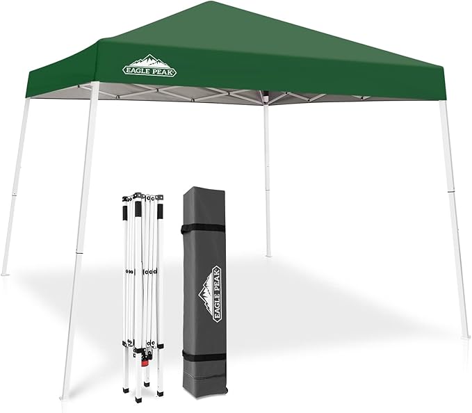 EAGLE PEAK 10x10 Slant Leg Pop-up Canopy Tent Easy One Person Setup Instant Outdoor Beach Canopy Folding Portable Sports Shelter 10x10 Base 8x8 Top (Green)