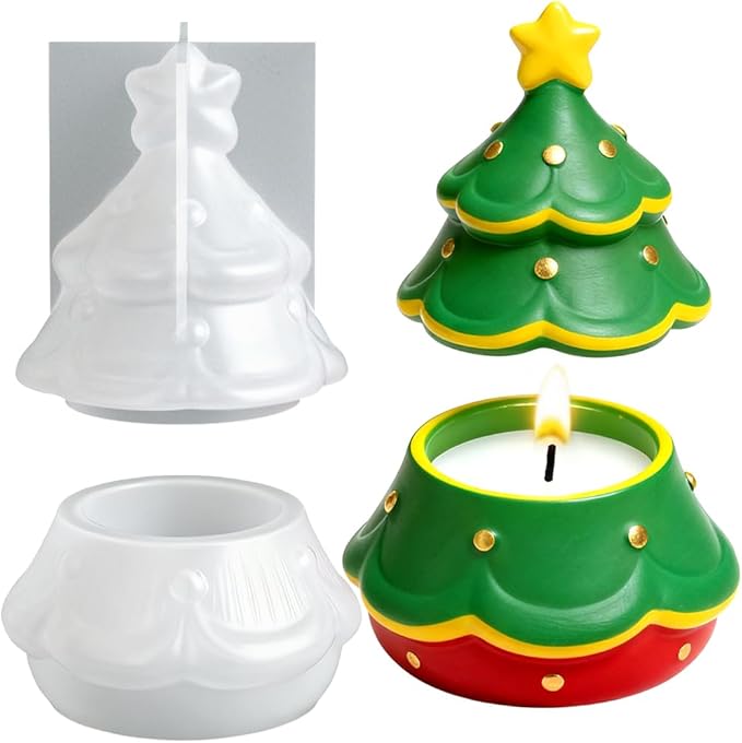 3D Christmas Tree Jar Mold with Lid Christmas Silicone Molds for Resin Crafts Xmas Decor Candy Container Storage Box Scented Candle Jar Plaster Molds Cute Silicone Mold for Epoxy Resin Cement Concrete