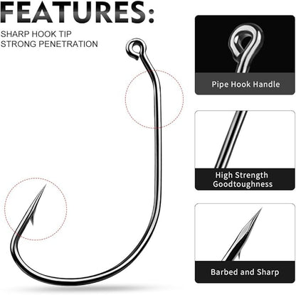 Fishing Hooks for Bass Fishing - 100pcs EWG Offset Worm Hook Texas Rig Hooks for Freshwater Saltwater Size 1/0 2/0 3/0 4/0 5/0 - Soft Lures Worms Plastics Bait Fishing Hook with Tackle Box