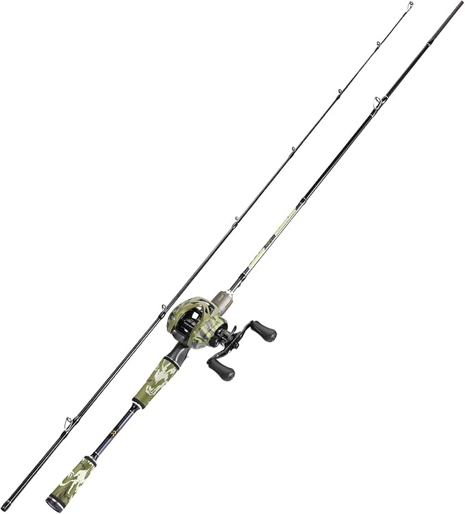 Sougayilang Baitcaster Combo, 30Ton+24Ton Graphite 2-Piece Blanks Casting Fishing Rod,SuperPolymer Handle,“S” Style Hook Keeper with Camo Baitcasting Reel