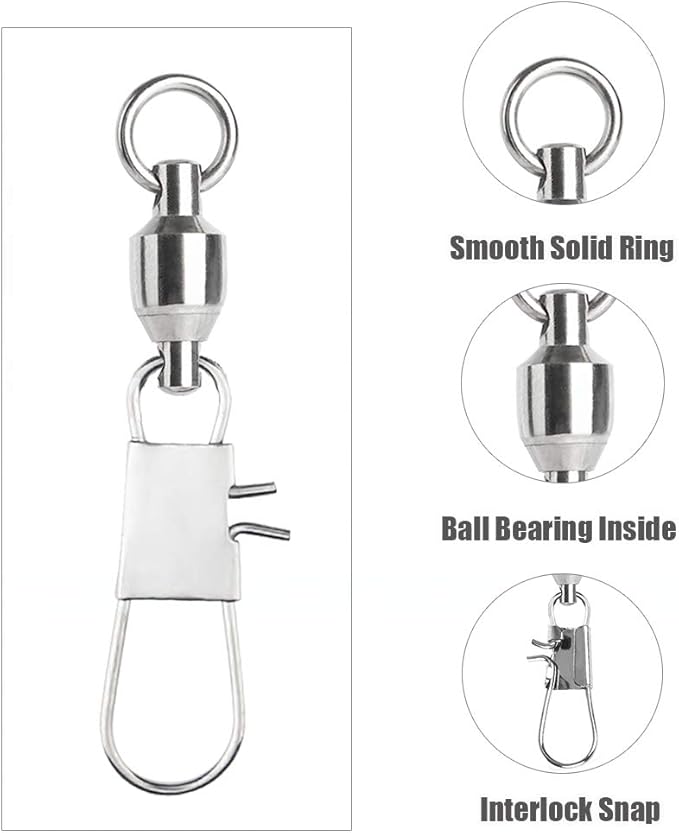 AMYSPORTS Stainless Steel Fishing Swivel Snap Ball Bearing Snap Swivels Fishing High Strength Saltwater Swivels Snaps Interlock Fishing Tackle Swivel Fishing Line Connector