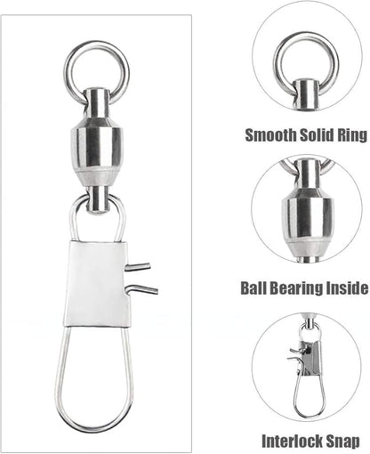 AMYSPORTS Stainless Steel Fishing Swivel Snap Ball Bearing Snap Swivels Fishing High Strength Saltwater Swivels Snaps Interlock Fishing Tackle Swivel Fishing Line Connector