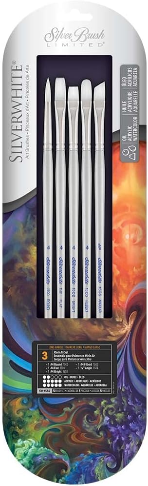 Silver Brush Limited SW-1550 Silverwhite Plein Air Set, Paintbrushes for Watercolor, Gouache, Inks, Dyes, Fluid, & Flow Acrylic, Set of 5, Round, Flat, Bright, Filbert, and Angle Brushes, Long Handle