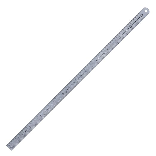 PEC Tools 12" Stainless Steel Ruler, Satin Chrome, 16ths, 32nds, 64ths, 10ths, 20ths, 50ths, 100ths, 1.0mm, 0.5mm, 1/50" Thick X 1/2" Wide, Round Head Flexible Design, Made in USA.