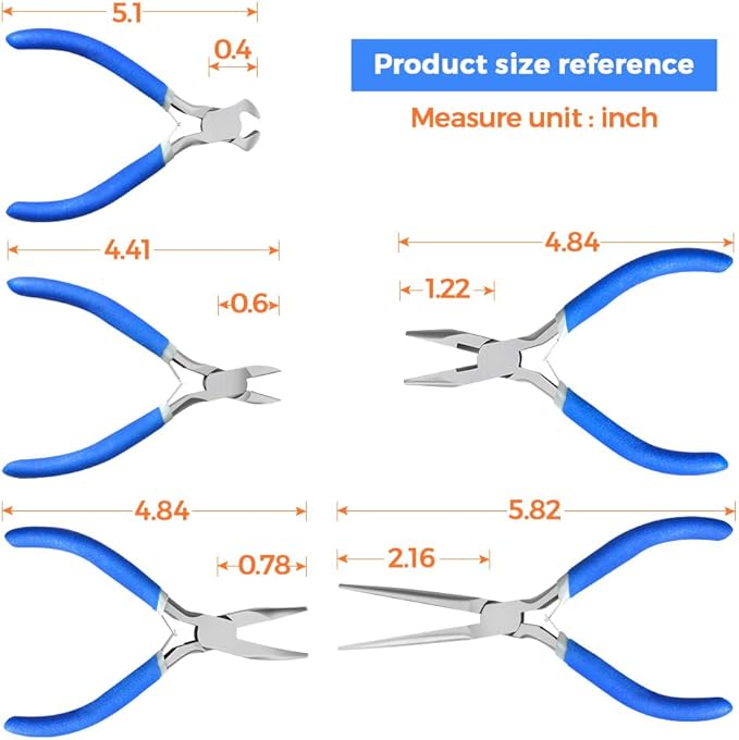 LIFEGOO 5 Pieces Mini Pliers Set – Durable Precision Tool Kit for Crafts, Jewelry & DIY, Includes Long Needle Nose, Bent Nose, Diagonal, End Cutting, Nipper (Blue)