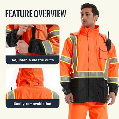 SKSAFETY Hi Vis Reflective Rain suits for Men Waterproof - High Vis Safety Rain Jacket, High Visibility Raincoat for Men