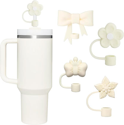4 Pcs 0.4in Straw Cover for Stanley Cup, Silicone Straw Topper Set for 30&40oz Stanley Tumbler, Fit for 10mm/0.4in Straws (Cream)