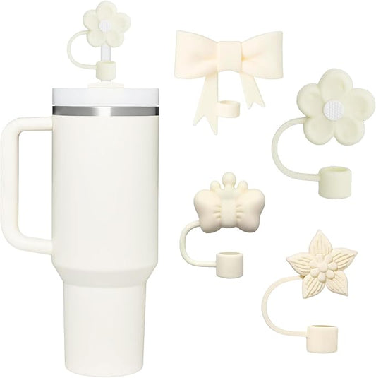 4 Pcs 0.4in Straw Cover for Stanley Cup, Silicone Straw Topper Set for 30&40oz Stanley Tumbler, Fit for 10mm/0.4in Straws (Cream)