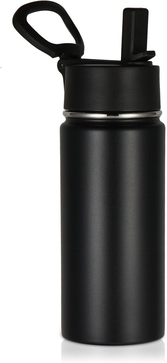 Volhoply Kids Insulated Water Bottle with Straw,16oz Stainless Steel Cold Water Bottles for School,BPA-Free Metal Wide Mouth Cups with Handle Lid,Reusable Double Wall Vacuum Sport Flask(Black,1)