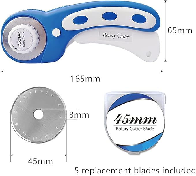 Headley Tools 45mm Rotary Cutter with 5pcs Extra Rotary Blades, Ergonomic Rolling Cutter with Safety Lock for Fabric, Sewing, Quilting, Cloth, Paper, Leather, Crafting, Fabric Rotary Cutter(Navy Blue)