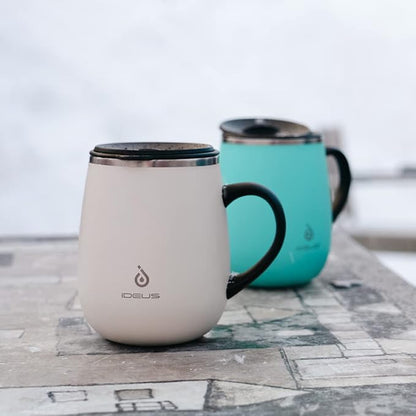 Ideus 16 oz (470 ml) Insulated Coffee Mug with Handle and Lid, Double Wall Stainless Steel Vacuum Thermal Coffee Mug, Travel Coffee Cup Thermal Cup for Home and Office (Snow Mountain White)