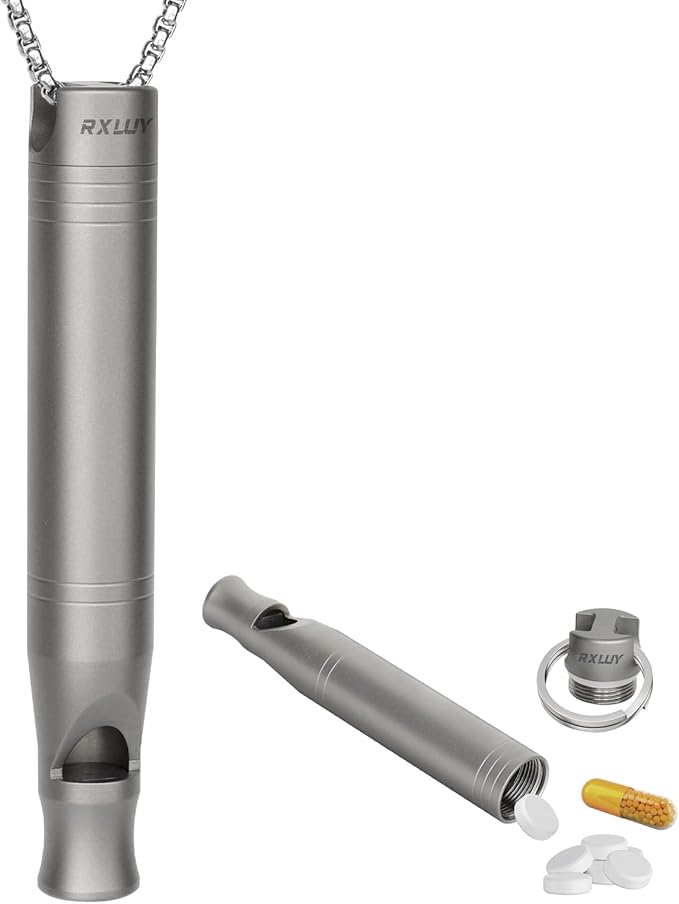 Titanium Emergency Whistle with Hidden Pill Holder Case, Portable Waterproof Fob Medicines Organizer 120db+ Survival Whistles Keychain Container for Outdoors, Camping, Travel EDC Accessories