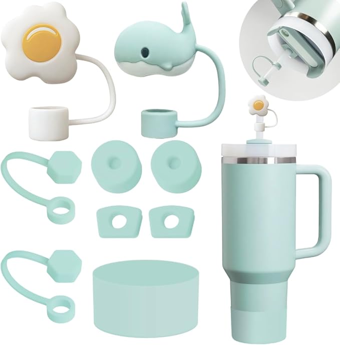 Silicone Stanley Cup Accessories Set - 6 Pcs Spill Proof Stopper, 2 Pcs Straw Cover Cap, 1 Pcs Silicone Boot for 40oz & 30oz Tumbler (Seafoam)