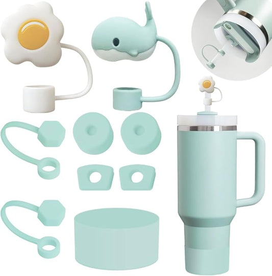 Silicone Stanley Cup Accessories Set - 6 Pcs Spill Proof Stopper, 2 Pcs Straw Cover Cap, 1 Pcs Silicone Boot for 40oz & 30oz Tumbler (Seafoam)