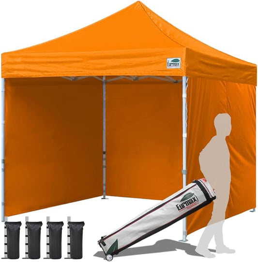 Eurmax USA 10'x10' Pop-up Canopy Tent Commercial Instant Canopies with 4 Removable Zipper End Side Walls and Roller Bag, Bonus 4 SandBags(Orange)