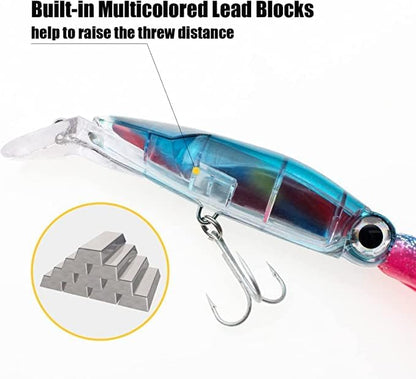 Squid Fishing Lures Large Simulation Luminous Artificial Lures Baits with 3D Holographic Eyes & Treble Hook, Built in Lead Blocks, Lifelike Plastic Fishing Soft Lures for Saltwater Fishing