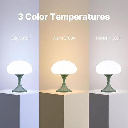 Mushroom Lamp, 5W LED Cordless Rechargeable Table Lamp with Glass Shade, Small Retro Dimmable Touch Light with 3 Color Temps, Aesthetic Mid Century Bedside Light for Bedroom Ambient, Green