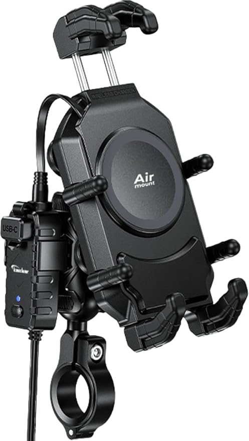 Kaedear Motorcycle Smartphone Holder, Charging, Vibration Absorption, Air Mount, Integrated QI, Wireless Charging, USB Power Supply, Devil Horn QI USB/Air Mount KDR-M26A (Qi Charging / 1" Ball)