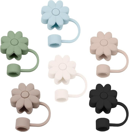6PCS Silicone Straw Covers Toppers for Stanley Cups 30&40 Oz Tumbler Accessories Flower Straw Caps Black Blue Dust-Proof Reusable Straw Tips Protectors for Stanley Cup 10mm 0.4in Straws