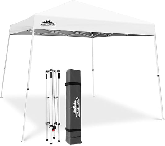 EAGLE PEAK 10x10 Slant Leg Pop-up Canopy Tent Easy One Person Setup Instant Outdoor Beach Canopy Folding Portable Sports Shelter 10x10 Base 8x8 Top (White)