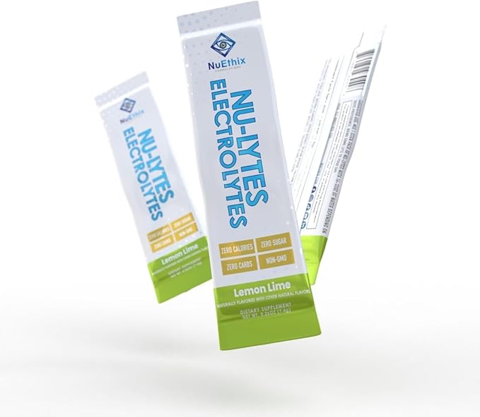 NuEthix Formulations NU-LYTES Electrolytes Hydration Packets, Zero Calories, Zero Sugar, Zero Carbs, Non-GMO, Electrolytes Powder Packets, Glycogen Replenishment, 15 Servings (Lemon Lime)