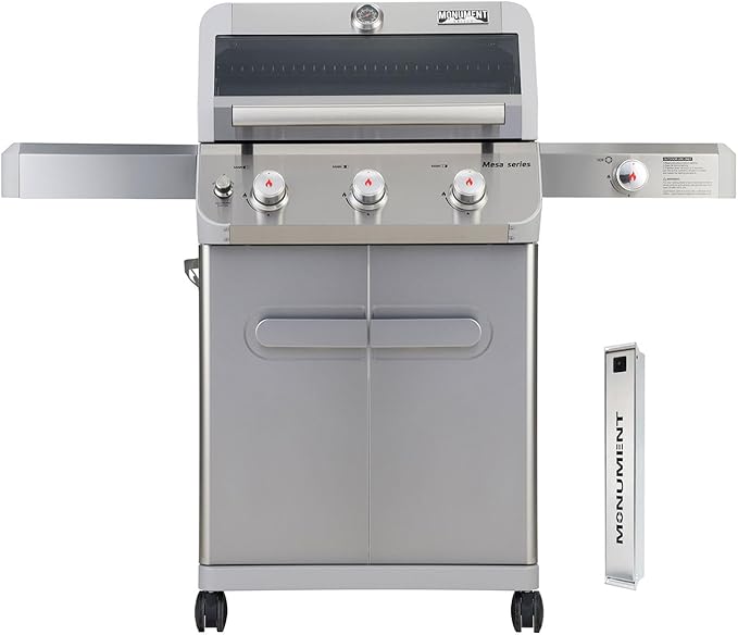 Monument Grills Outdoor Barbecue Stainless Steel 3 Burner Propane Gas Grill, 48,000 BTU Patio Garden Grill with Side Burner and Knob Controls, Mesa305 with Smoker Box
