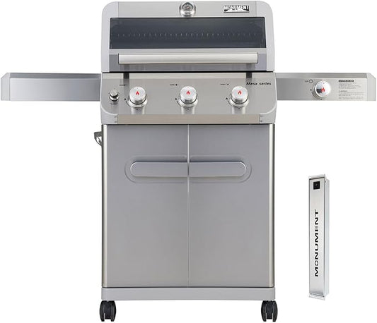 Monument Grills Outdoor Barbecue Stainless Steel 3 Burner Propane Gas Grill, 48,000 BTU Patio Garden Grill with Side Burner and Knob Controls, Mesa305 with Smoker Box