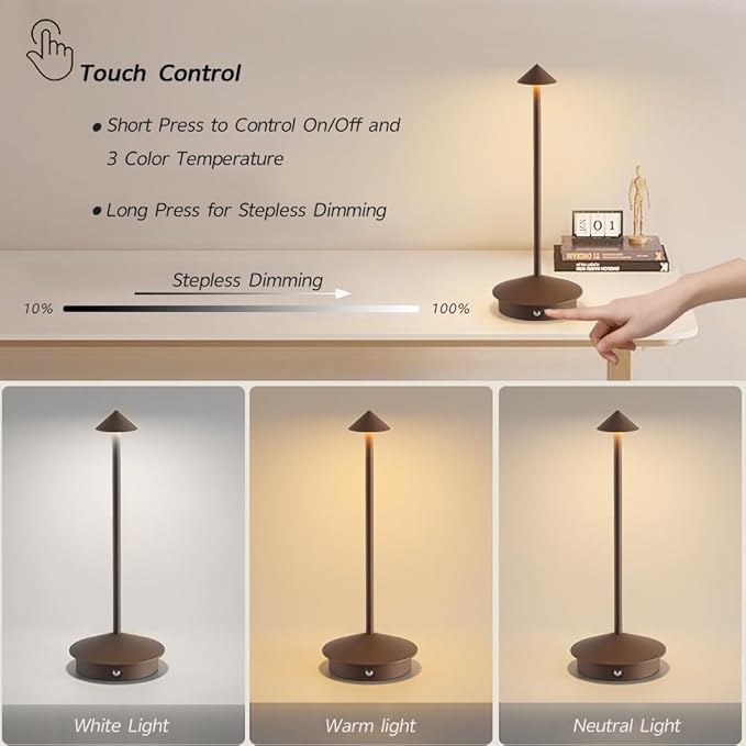 EJQ 2 Pack LED Rechargeable Cordless Table Lamps,Portable Outdoor 5000mAh Battery Operated Table Light Touch Control 3 Color Dimmable for Patio/Cofee/Restaurant/Camping/Dining/Bedroom-Brown