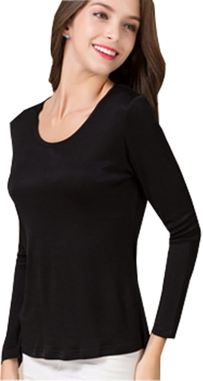 METWAY Women's Mulberry Silk T-Shirt Long Sleeve Pure Silk tee Shirt/Crew Neck Silk Blouse Undershirt