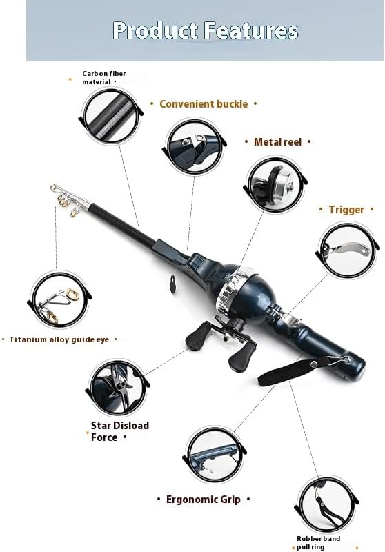 Portable Travel Fishing Rod, Integrated Rod and Wheel, Carbon Fiber-The Whole Rod is 25cm/0.82ft Long After Folding, Built-in Fishing Roller, and Comes with Fishing line.