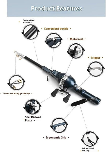 Portable Travel Fishing Rod, Integrated Rod and Wheel, Carbon Fiber-The Whole Rod is 25cm/0.82ft Long After Folding, Built-in Fishing Roller, and Comes with Fishing line.