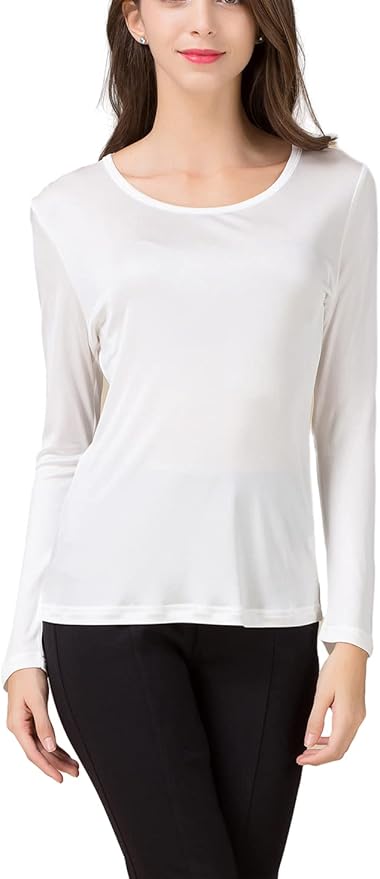 METWAY Women's Mulberry Silk T-Shirt Long Sleeve Pure Silk tee Shirt/Crew Neck Silk Blouse Undershirt