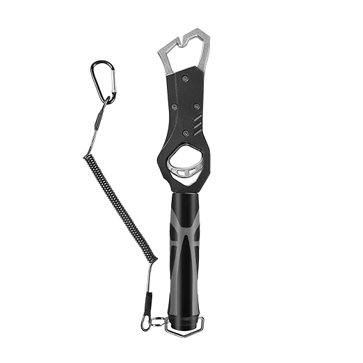 Eupheng 11.8'' Heavy-Duty Fish Gripper with Scale Rustproof Aluminum Body, Non-Slip Rubber Handle, Built-in Weight Estimator & Wrist Lanyard