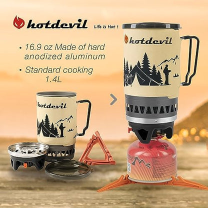 Hotdevil (1.4-Litre) Backpacking Camping Stove Portable Cooking System with Piezo Ignition, Outdoor Mini Burner Camping Stove Kit Propane, Ideal for Hiking Fishing Hunting Emergency & Survival