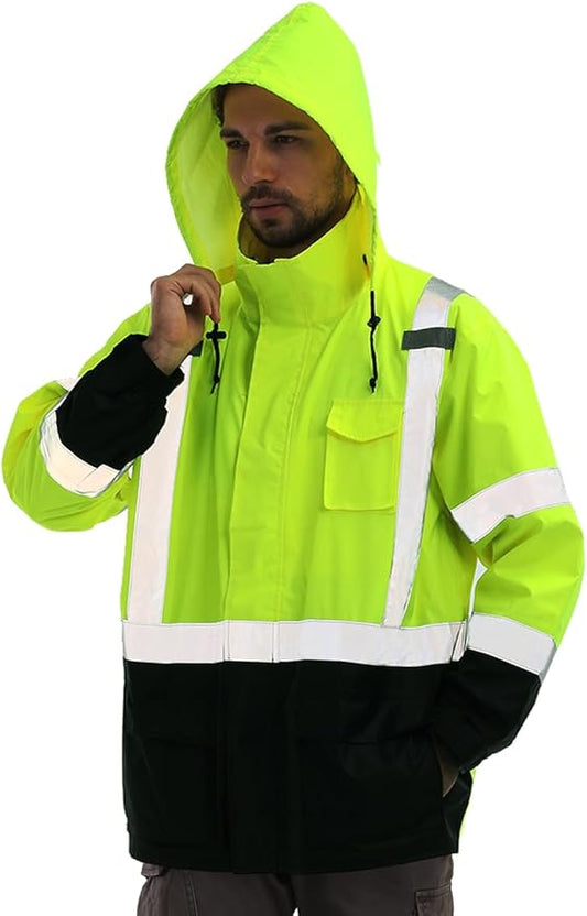 sesafety Hi Vis Rain Jacket, Rain Suits for Men Waterproof withBlack Bottom, Rain Coats for Men Interior Mesh, Class 3 HighVisibility Rain Gear,Removable Hood
