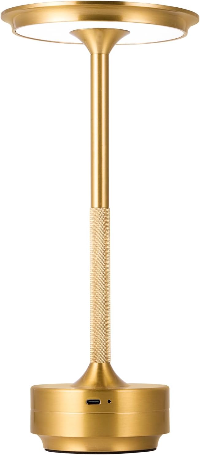 Rechargeable Cordless LED Table Lamps Touch Sensor Light, 3-Levels Portable Dimming Wireless Battery Operated Lamp，Nightstand Lamp/Night Light/Restaurant Table/Outdoor/Coffee/Bar (Gold)