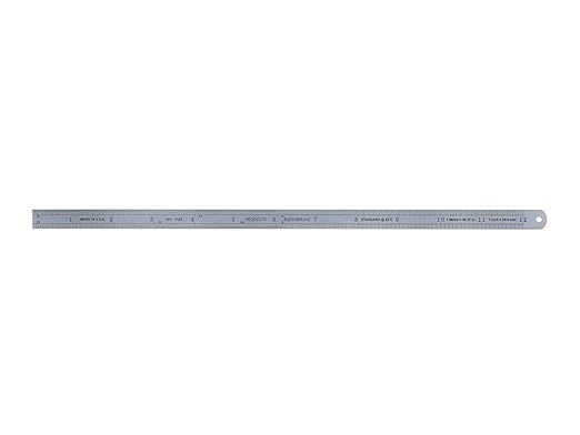 PEC Tools 12" Stainless Steel Ruler, Satin Chrome, 16ths, 32nds, 64ths, 10ths, 20ths, 50ths, 100ths, 1.0mm, 0.5mm, 1/50" Thick X 1/2" Wide, Round Head Flexible Design, Made in USA.