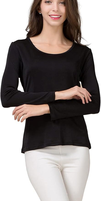 METWAY Women's Mulberry Silk T-Shirt Long Sleeve Pure Silk tee Shirt/Crew Neck Silk Blouse Undershirt