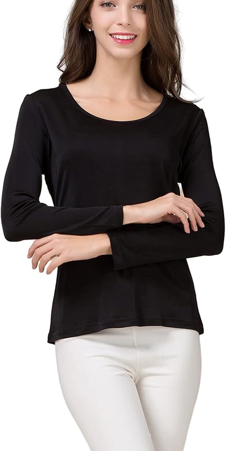 METWAY Women's Mulberry Silk T-Shirt Long Sleeve Pure Silk tee Shirt/Crew Neck Silk Blouse Undershirt